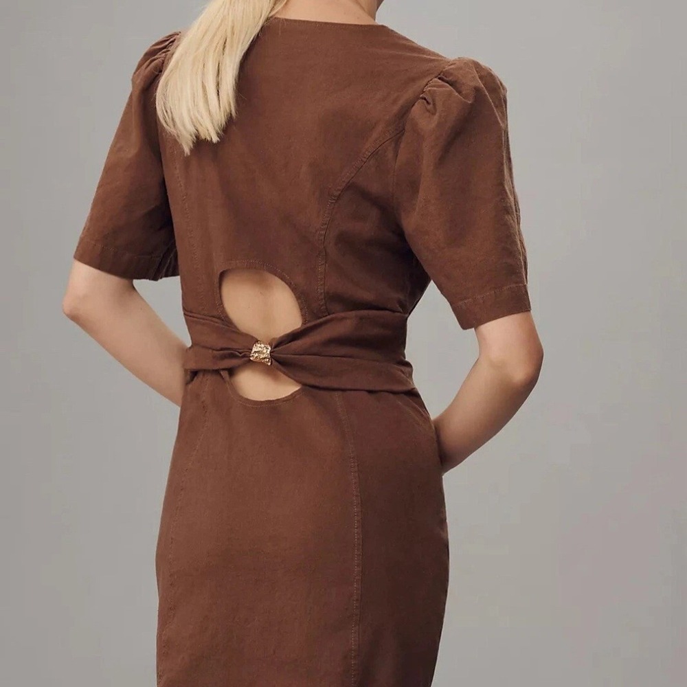 Maeve Anthropologie Brown‎ Linen Puff Sleeve Cutout Back Mini Dress, Size Large - Picture 3 of 14